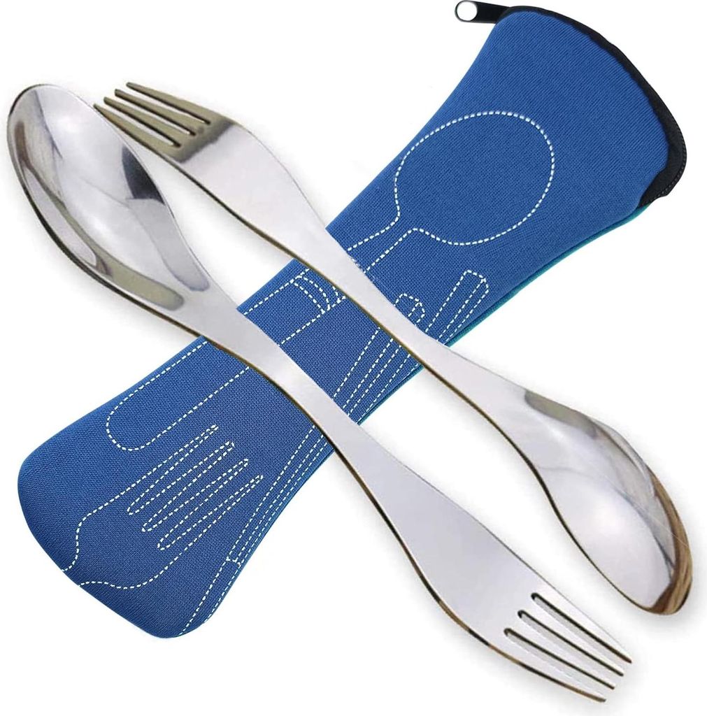 Edelstahl-Spork-Set - 2 Stück - tragbares Campingbesteck - wiederverwendbarer Löffel und Gabel - mit Bestecktasche - blau - für Outdoor-Picknick...