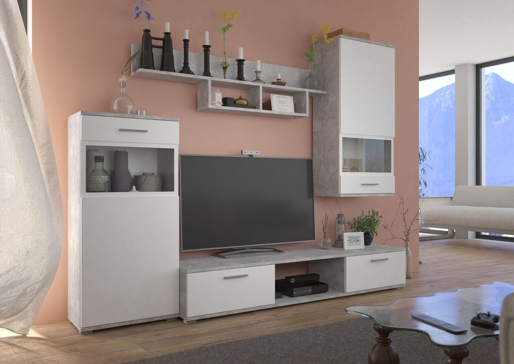 Blues Wohnwand, 4-teilig, Weiß matt & Beton hell Optik, Produktbild