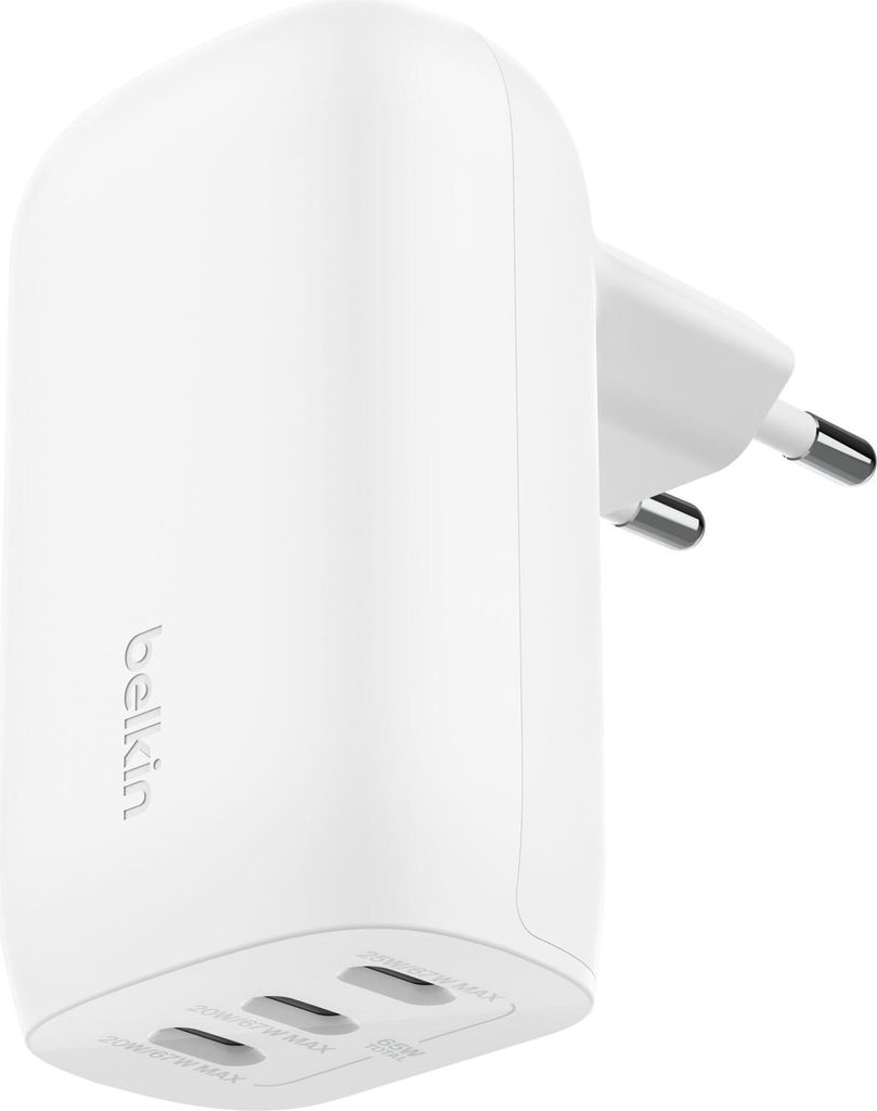 A white Belkin BoostCharge power adapter with three USB-C ports on the bottom and European-style plug prongs on the side.