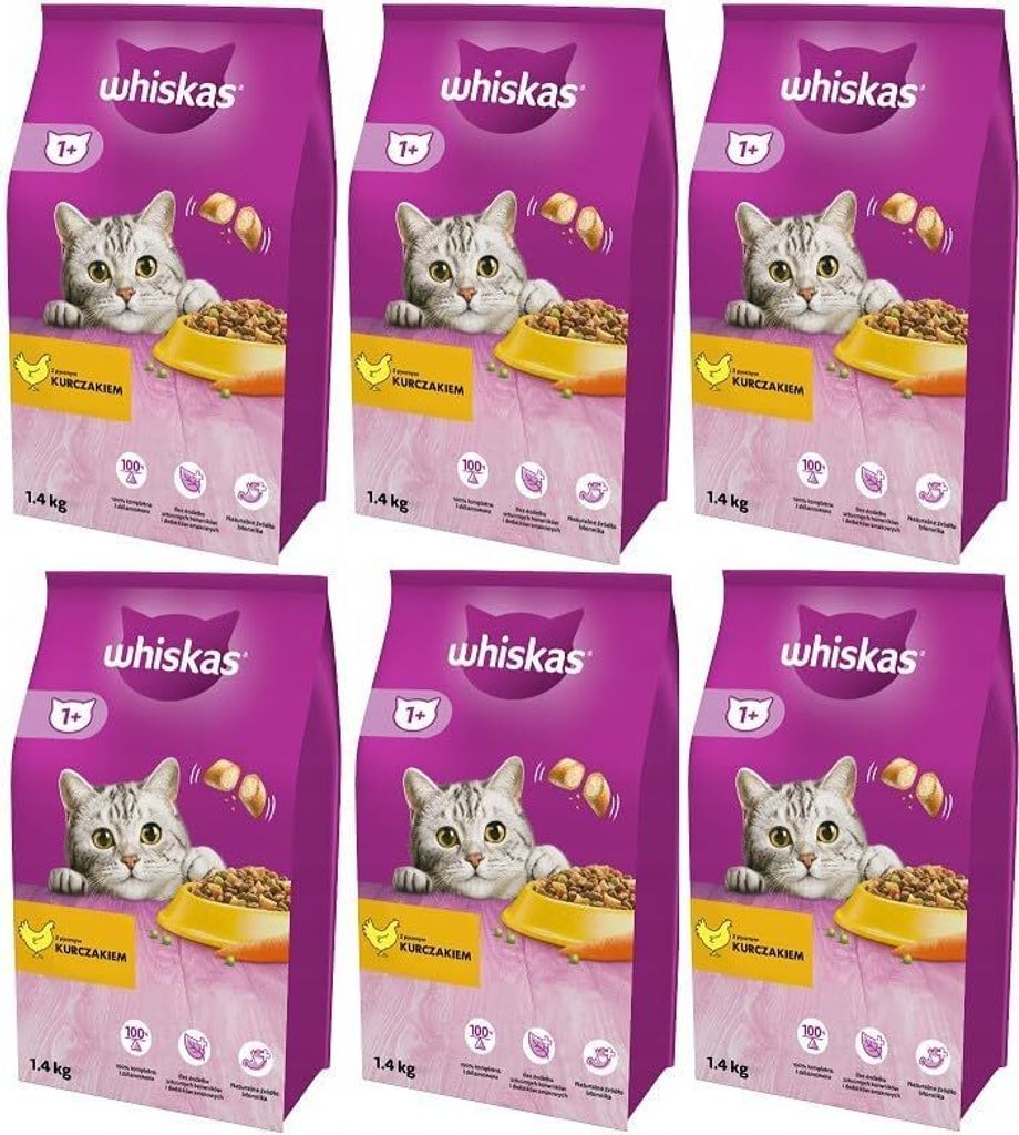 Whiskas Adult 1+ Katzentrockenfutter mit Huhn, 6 Beutel, 6x1,4kg