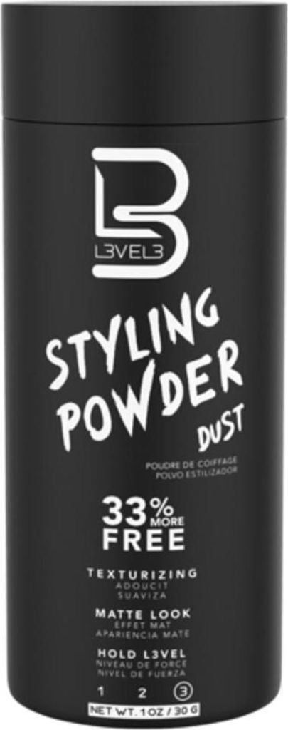 A black cylindrical container of styling powder.