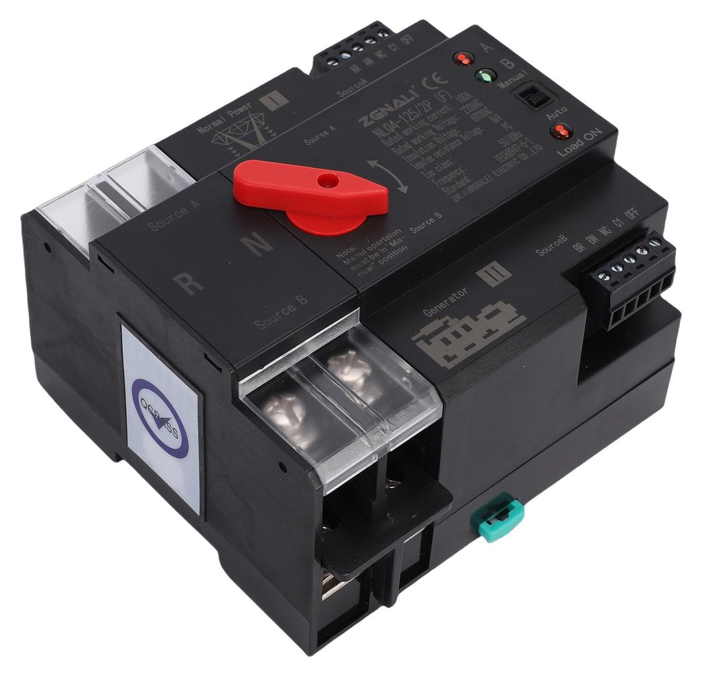 Automatischer Umschalter für zwei Stromquellen, 2-polig, 100 A, 35-mm-Schienenmontage – automatischer und manueller Wahlschalter für zwei Strom...