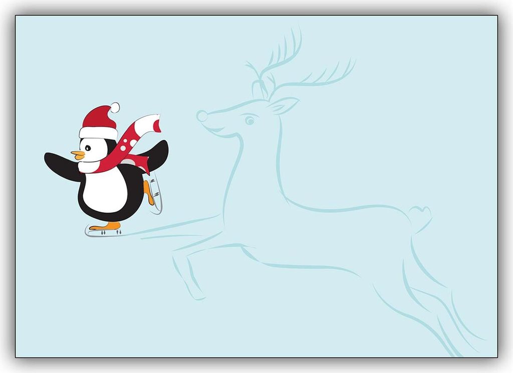 Süße Weihnachtskarte mit Schlittschuh laufendem Pinguin & Rentier