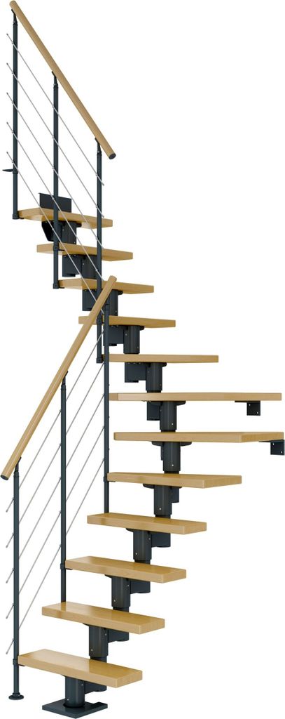 Dolle Mittelholmtreppe Dublin 1/4 gewendelt aus Ahorn lackiert 61 cm breit für GH 278–337 cm UK Metall Anthrazit mitlaufende Edelstahlstäbe