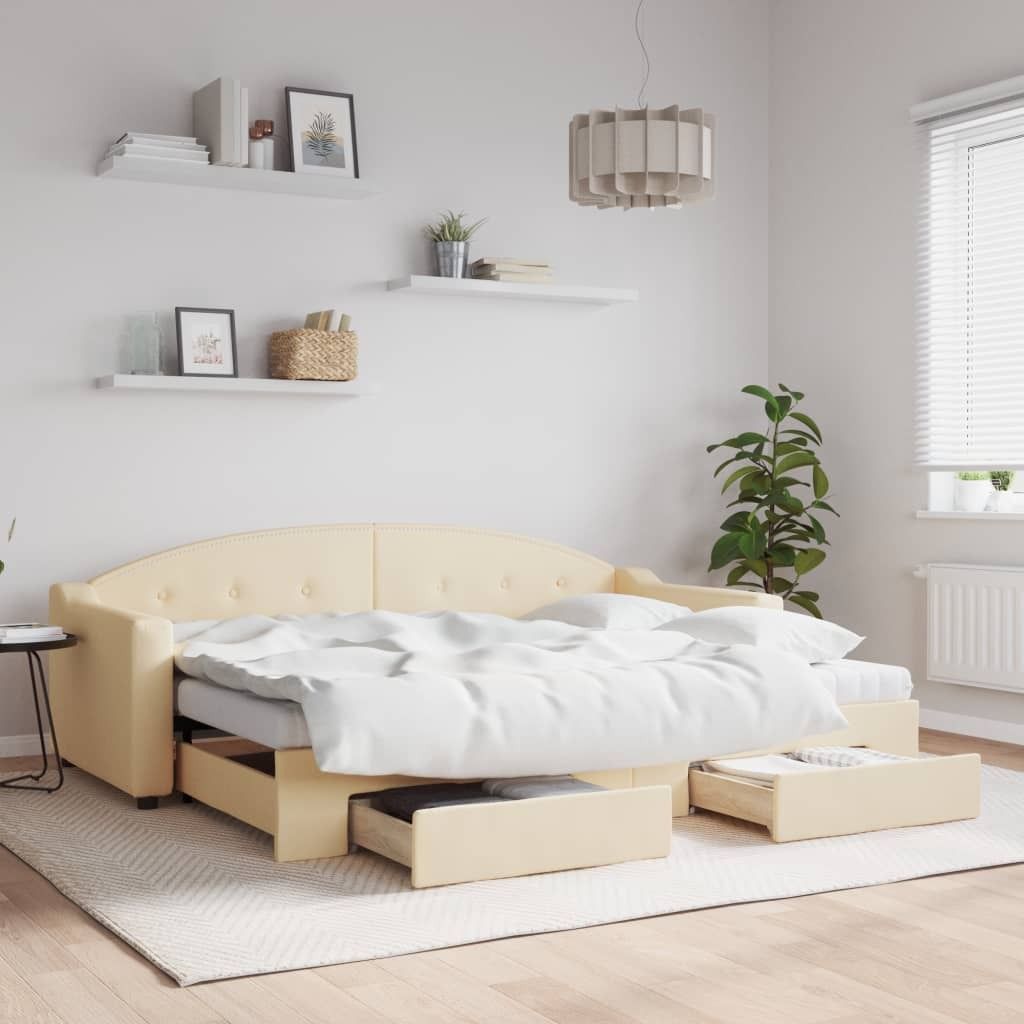 CLORIS Bettsofa Tagesbett Ausziehbar mit Schubladen Creme 80x200 cm Stoff, 61,75 kg