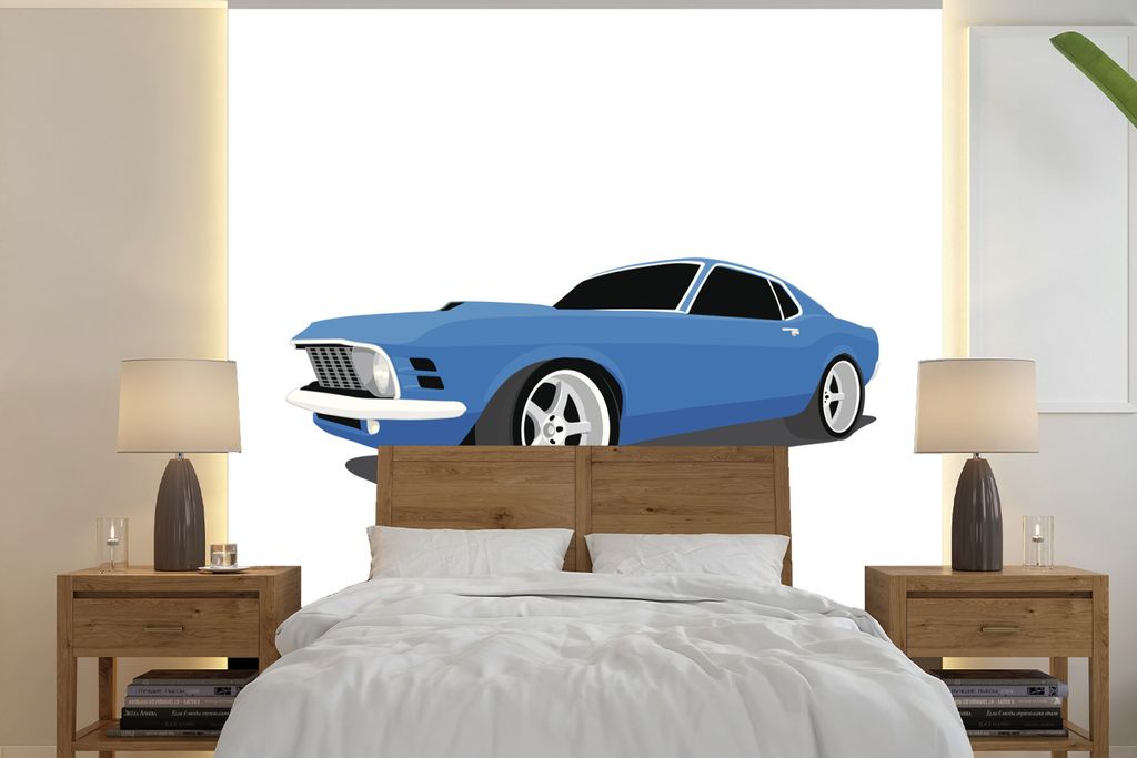 MuchoWow Fototapete für Wohnzimmer oder Schlafzimmer Wandtapete Vinyl Motivtapete Auto - Blau - Mustang - 220x220 cm - Tapeten