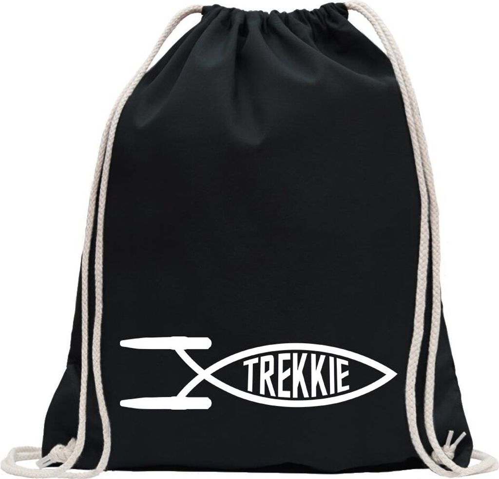 Kiwistar - Turnbeutel - schwarz - Trekkie Fisch - Fun Rucksack Sport Beutel Gymsack Baumwolle mit Ziehgurt