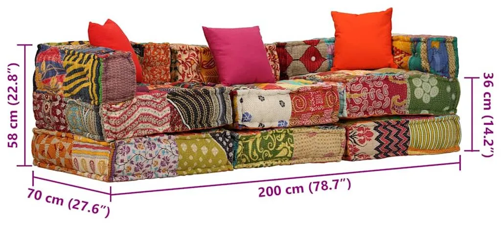 Pouf 3 places en tissu patchwork multicolore avec assise modulable souple - 13