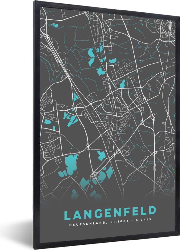 MuchoWow Gerahmtes Poster Blau - Deutschland - Karte - Stadtplan - Langenfeld 60x90 cm - Poster mit Schwarzem Bilderrahmen Wandposter Rahmen Foto...