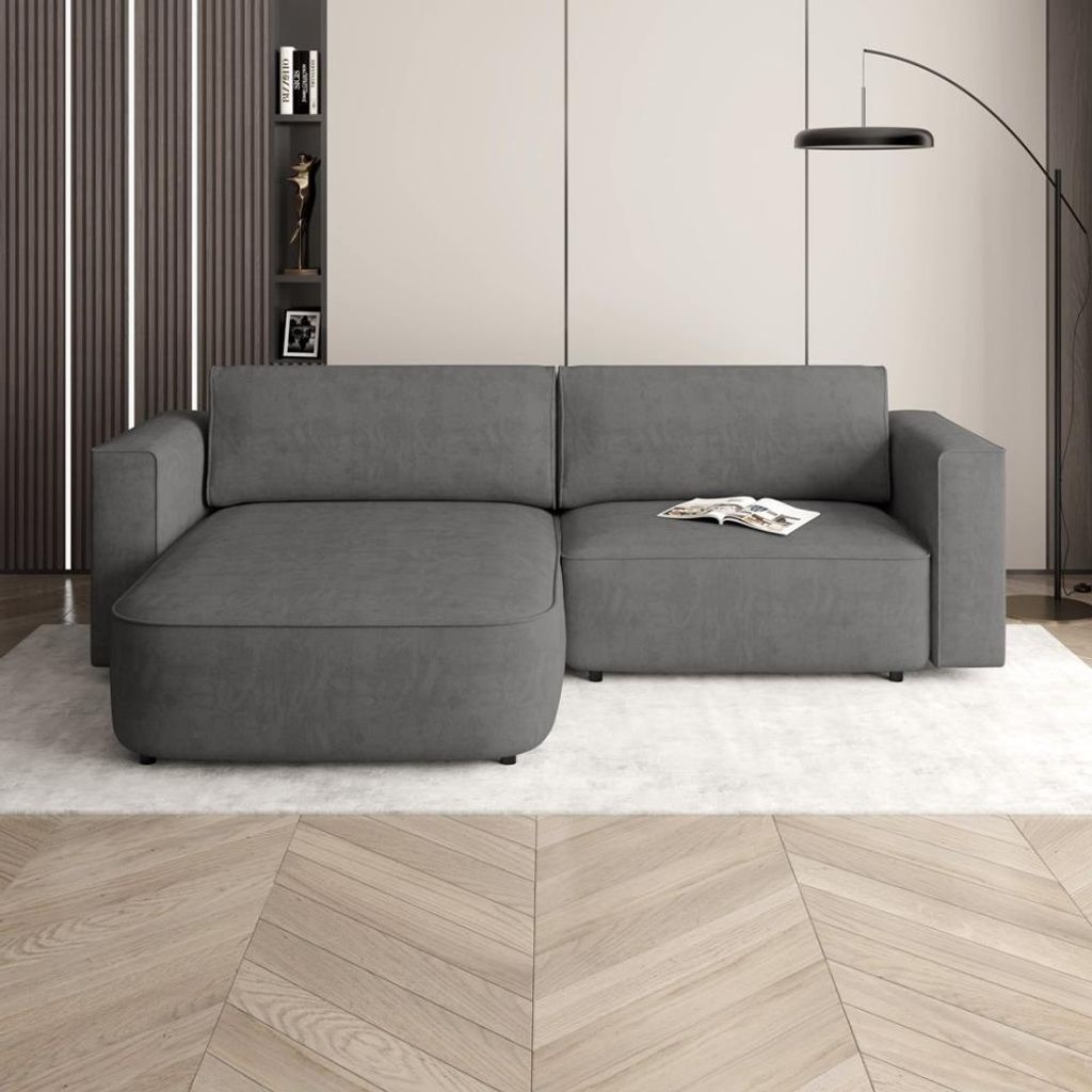 Ecksofa CARLOS Dunkelgrau, L-Form - mit Schlaffunktion, Bettkasten & universeller Ottomane