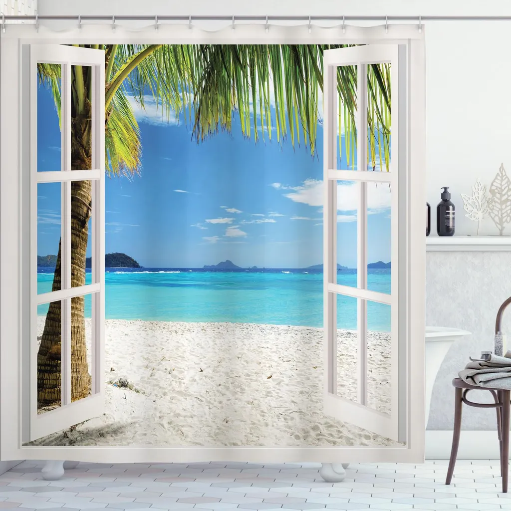Rideau de douche ABAKUHAUS 175x240 cm turquoise palmiers exotiques