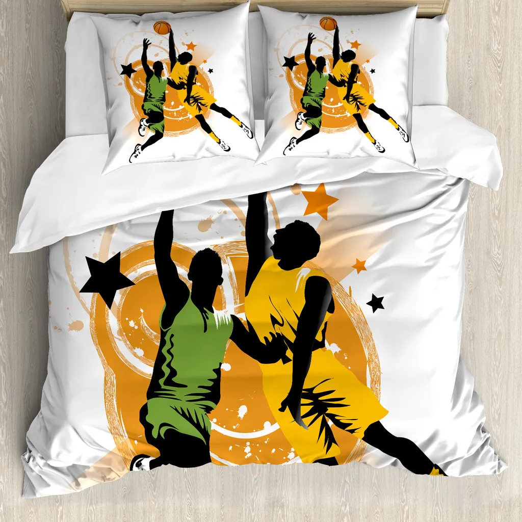 ABAKUHAUS Copripiumino da basket, disegno con giocatori di basket, antiacaro, adatto a chi soffre di allergie, con federe, 200 cm x 200 cm - 80 x 80 cm, arancione verde