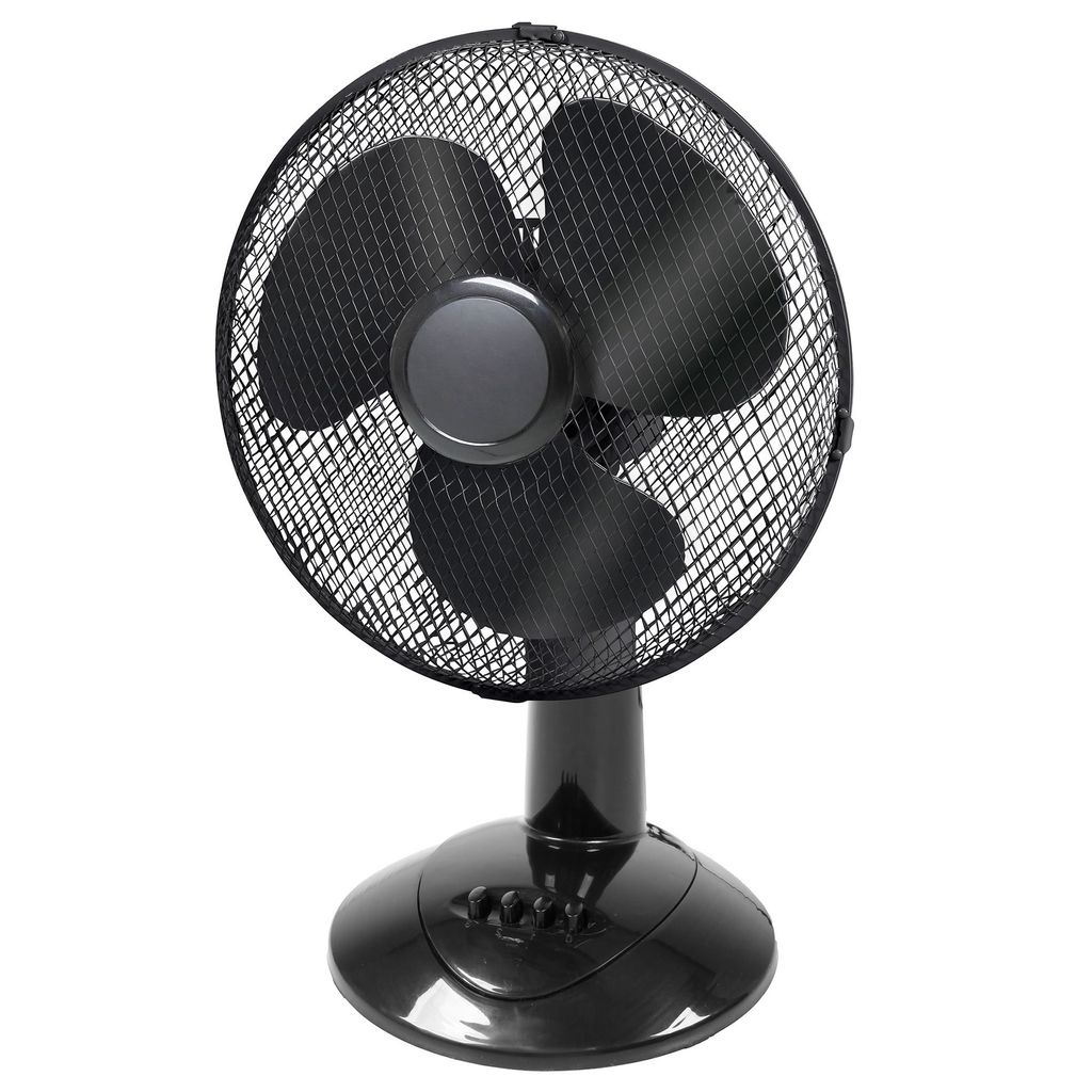 A black desk fan is shown against a white background.