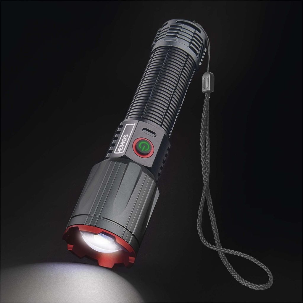 EMOS LED-Metall-Taschenlampe mit Akku, Boost, Powerbank und Zoom, aufladbar, stoß- und wasserfest, 3000lm/300m, Handschlaufe, für Innen/Außen, P...