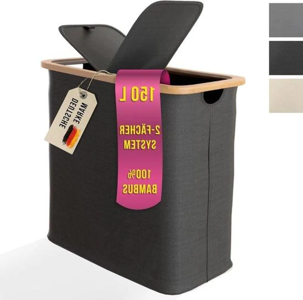 Panier à linge XXL 150 litres gris anthracite pliable en bambou chic