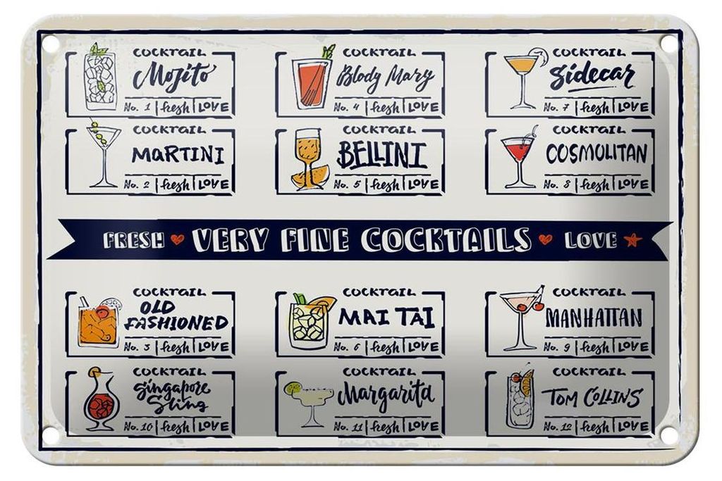 Blechschild Alkohol Fresh Cocktails Mojito Maragrita 18x12cm Schild