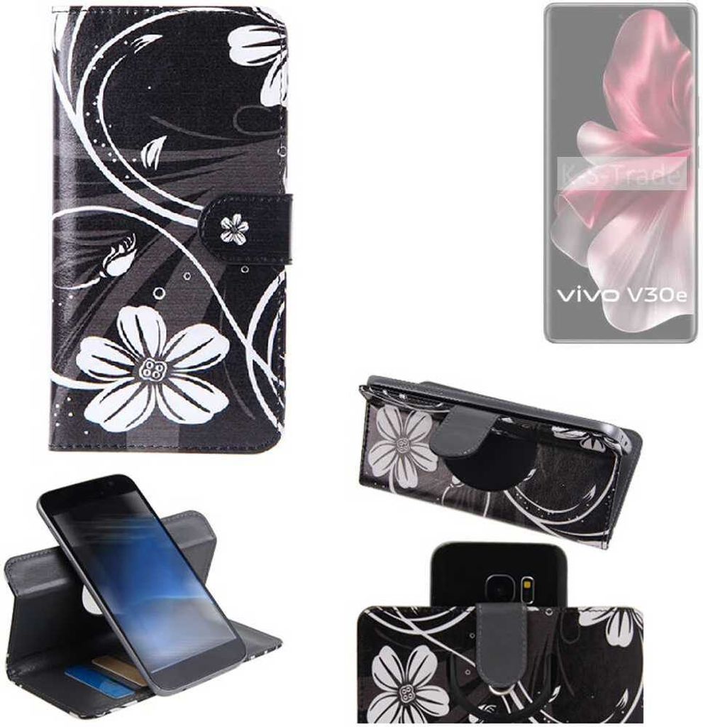 K-S-Trade Schutzhülle Handyhülle kompatibel mit Vivo V30e Global Hülle 360° Wallet Case “Flowers“ Klapphülle Hülle schwarz-weiß 1x