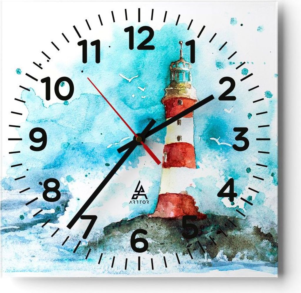 Wanduhr - Quadrat - Glasuhr - Leuchtturm Wasser Illustration Welle - 40x40cm - Schleichendes Uhrwerk - Lautlos - zum Aufhängen bereit - Dekoration...