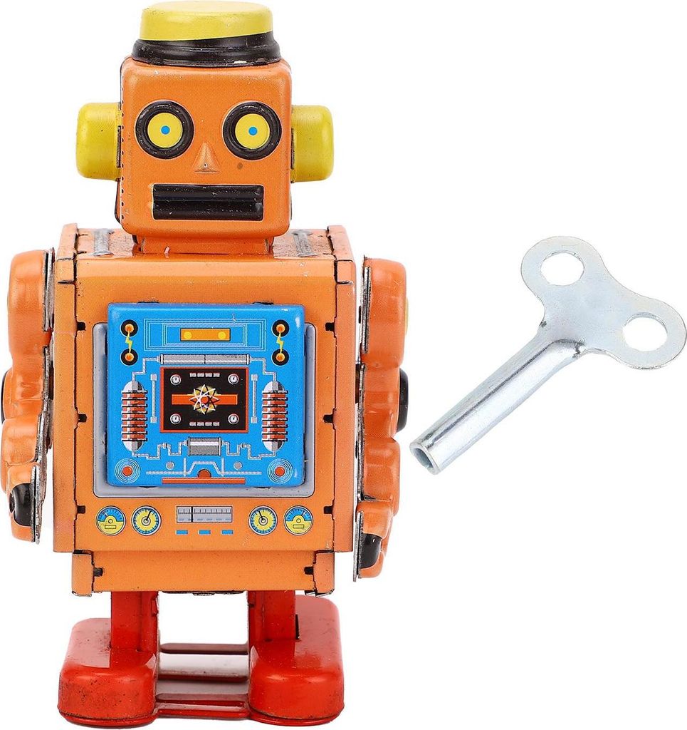 Vintage-Roboter mit Aufziehgriff, Uhrwerk, Frühlingsspielzeug für Sammlung, Café, Heimdekoration, Fotografie-Requisite, Orange