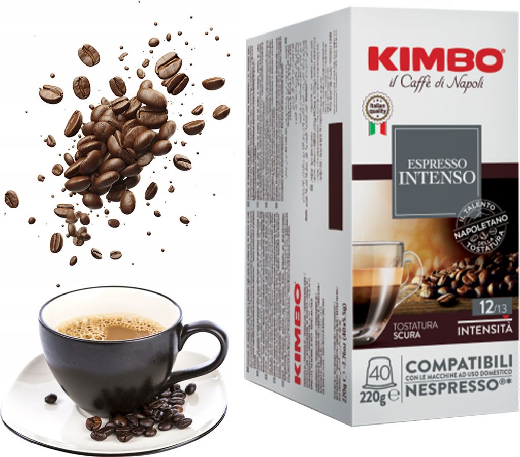 A box of Kimbo Espresso Intenso coffee capsules next to a cup of coffee and scattered coffee beans.