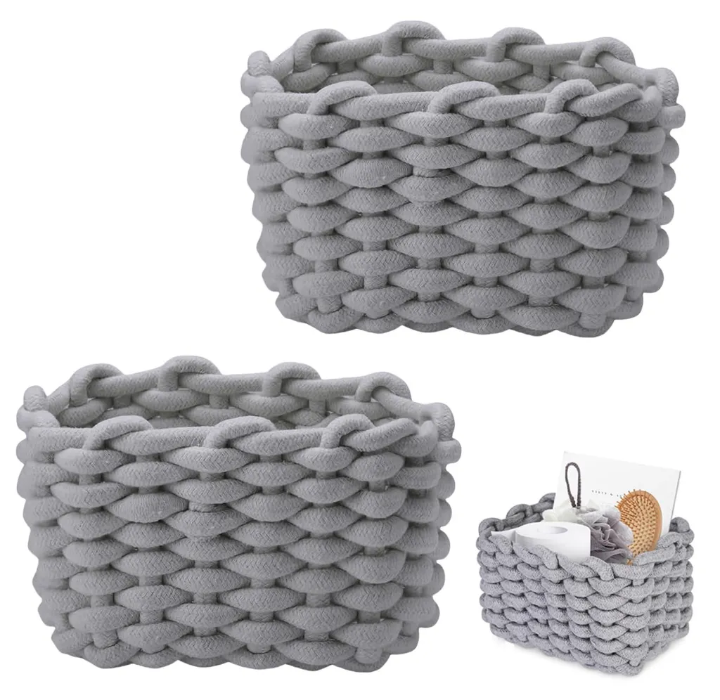 Petit panier au crochet gris 20 cm lot de 2, corbeille tissée durable