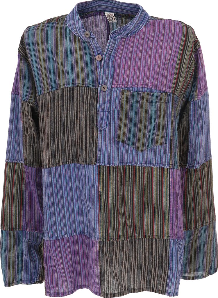 Nepal Ethno Patchworkhemd, Stonewash Freizeit Hemd - Lila/mix, Herren, Violett, Baumwolle, Größe: XXL