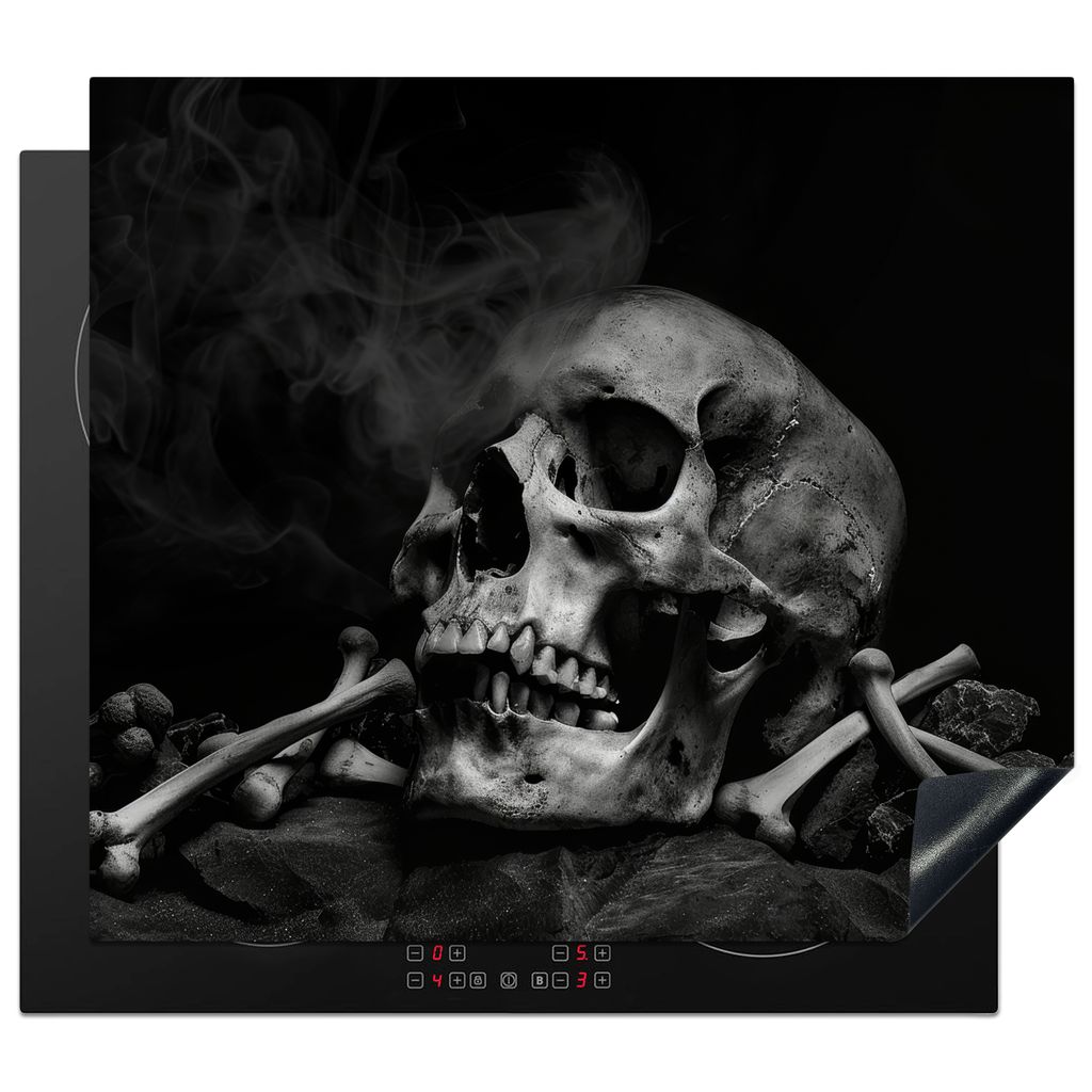 KitchenYeah Herdabdeckplatte Totenkopf - Rauch - Schwarz - Weiß , 59x52cm, Küche Deko, Glaskeramikkochfeld Herdabdeckung, Abdeckplatte fùr Koc...
