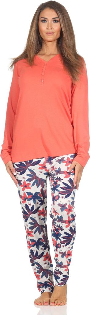 Damen Schlafanzug langarm Pyjama in floralem Design auch in Übergrössen ; koralle , 60