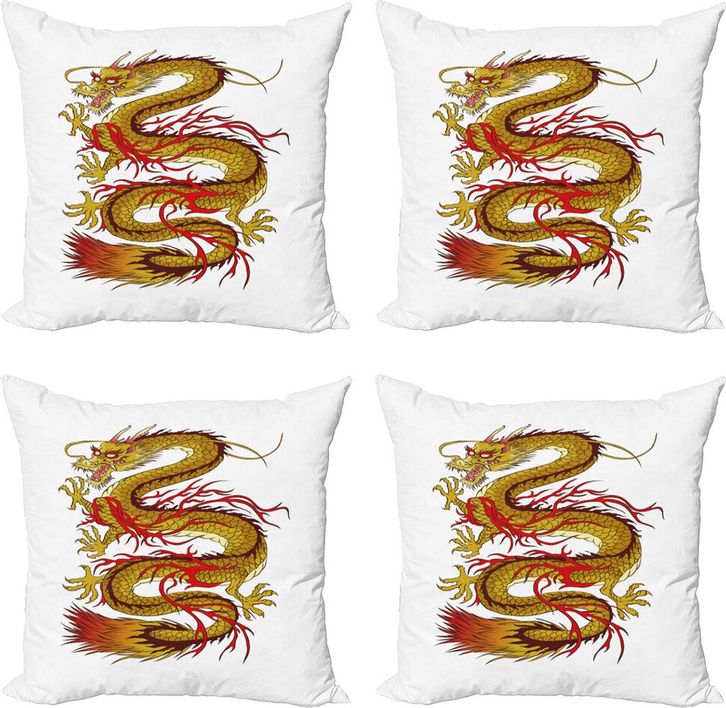 ABAKUHAUS japanische Drachen Kissenbezug Set (4 Stück), Fiery Character, Moderner Doppelseitiger Digitaldruck, 60 cm x 60 cm, Senf Vermilion Brown