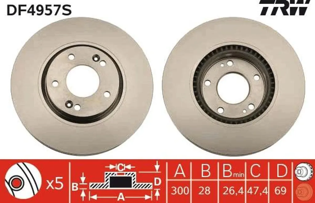 Disque de frein TRW DF4957S OE 51712A6600 pour Hyundai i30 et Veloster