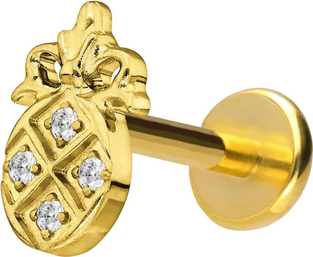 Ohrpiercing, Nasenpiercing Titan Labret mit Push Fit KRISTALLANANAS Gold Stablänge: 10mm | Stabstärke: 1mm