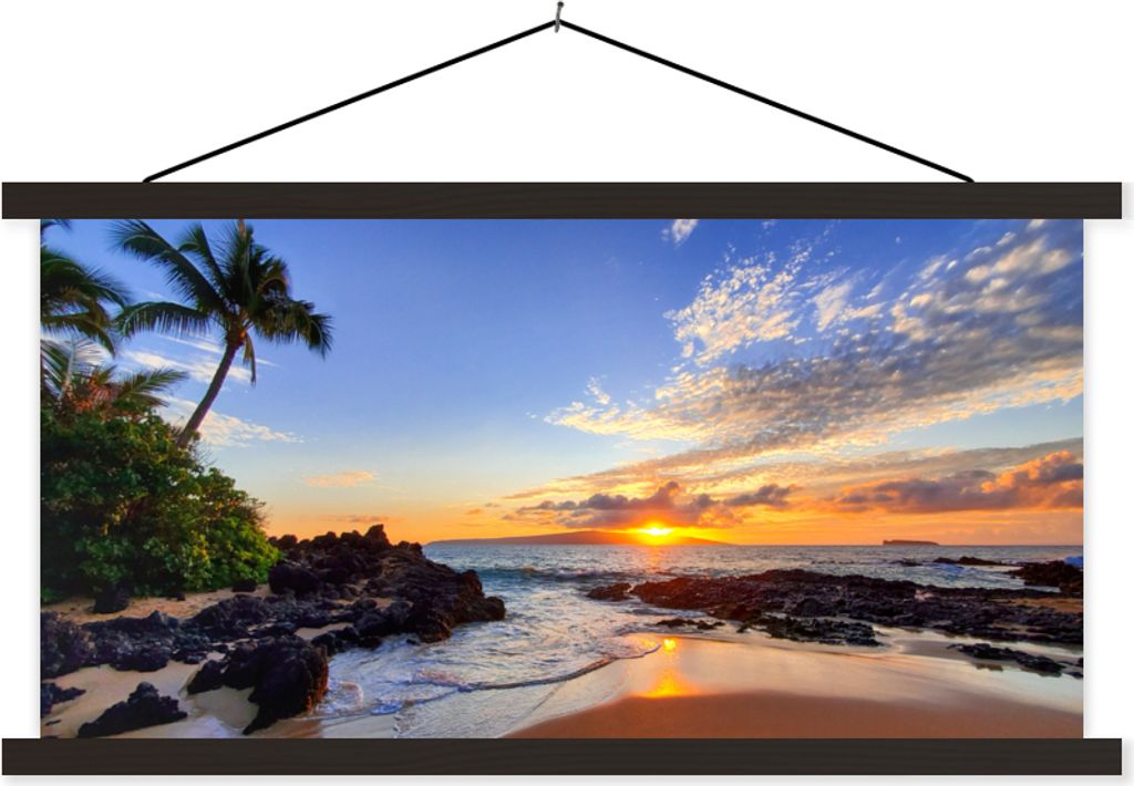 MuchoWow Textilposter Strand - Meer - Sonnenuntergang - Hawaii 150x75 cm mit schwarzem Rahmen - Posterleiste
