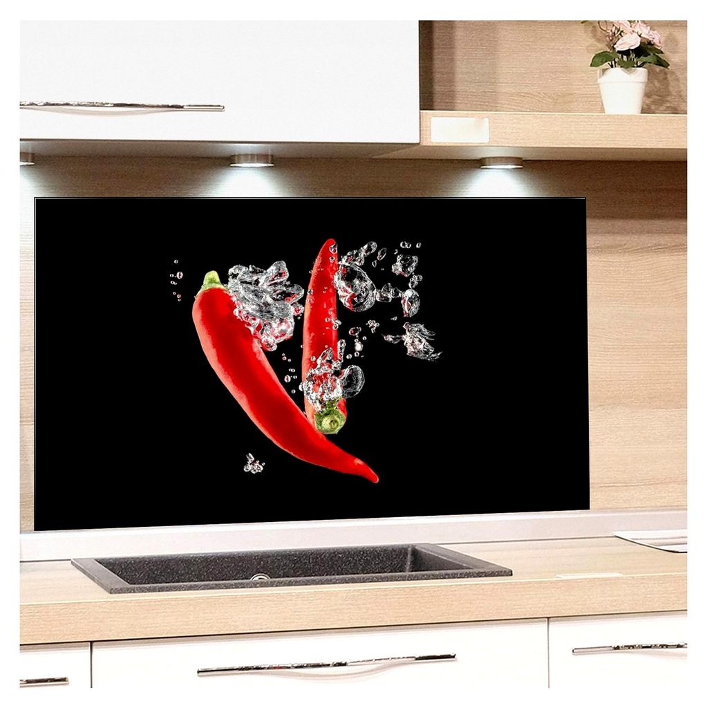 Spritzschutz aus Glas für die Küche in Chili Rot und Schwarz, Küchenrückwand, Küchenspiegel, Herdblende, 4mm ESG Glas, 80x50cm