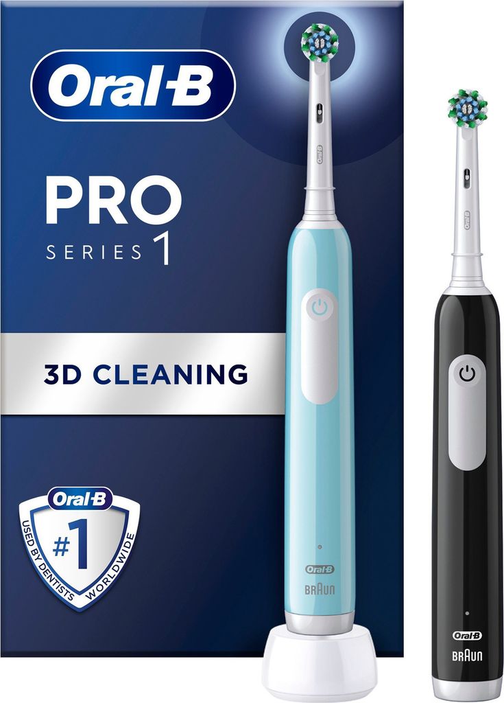 Product packaging and two electric toothbrushes, one blue and one black, are displayed.