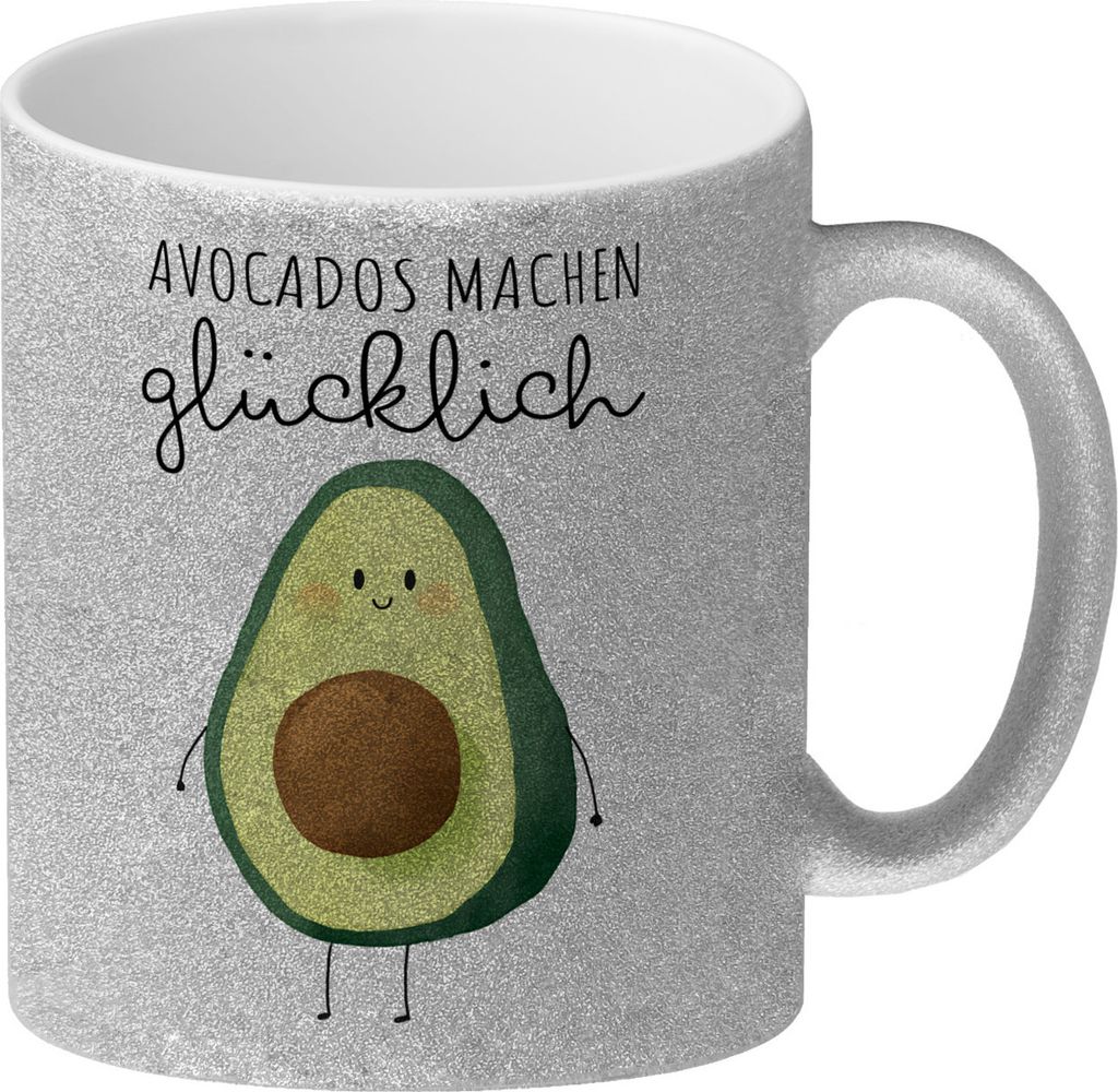 Niedliche Avocado Glitzer-Kaffeebecher mit Spruch Avocados machen glücklich