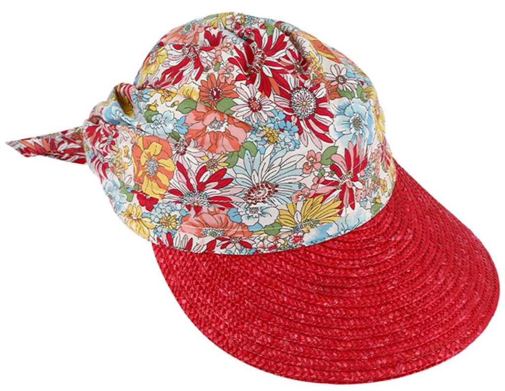 Fiebig Stroh-Visor mit bunter Blütenmuster-Stoffkrone in 301-Signalrot