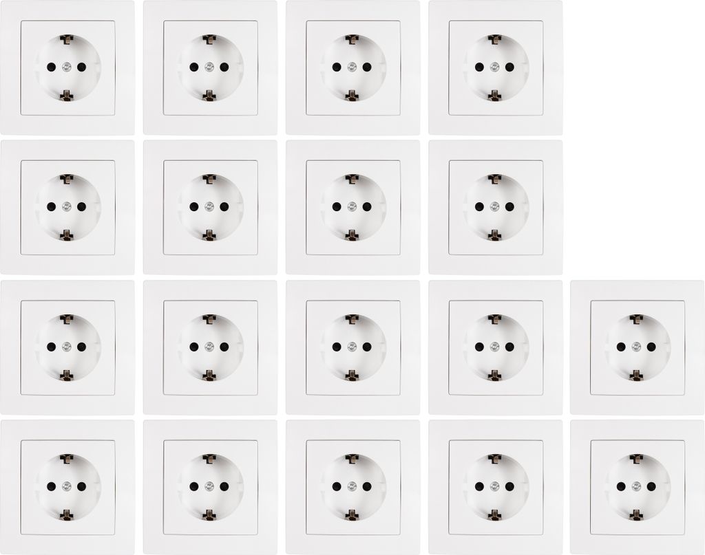 A grid of white electrical outlets against a white background.