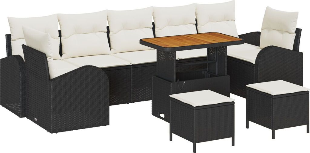 Möbel 10-teiliges Garten Sofa Set mit Kissen Schwarz Poly Rattan Akazie, 2-Sitzer Garten Sofa mit Stauraum & Kissen Schwarz Poly Rattan, 3-teilige...