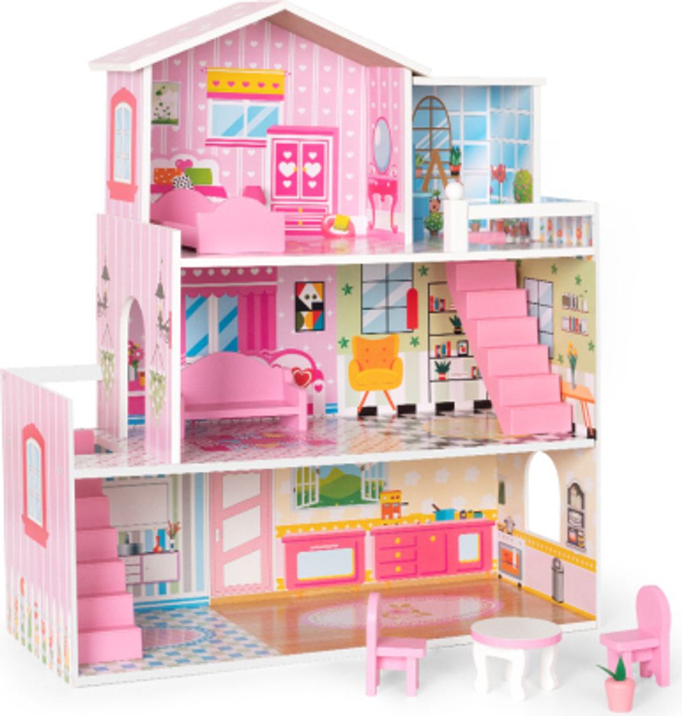 Hölzernes Puppenhaus 60x24x70 cm mit Zubehör für Puppen zwischen 7-12 cm süßes großes Traumhaus 3+
