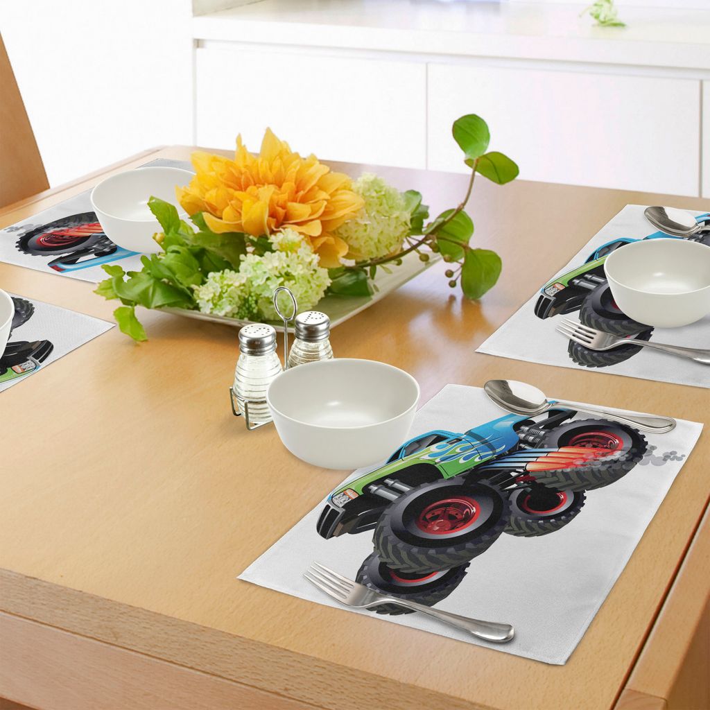 ABAKUHAUS Autos Platzmatten, Karikatur-Monster-LKW-kühler Träger geändert zum perfekten bunten Entwurf, Tiscjdeco aus Farbfesten Stoff für das ...