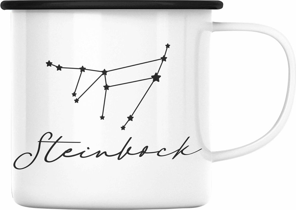Trendation - Steinbock Sternzeichen Emaille Tasse Geschenk Horoskop Tierkreiszeichen (Schwarz)