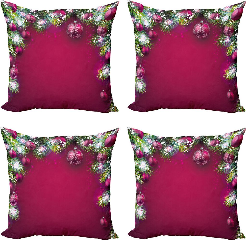 ABAKUHAUS Weihnachten Kissenbezug Set (4 Stück), Baumkugeln Schneeflocken, Moderner Doppelseitiger Digitaldruck, 45 cm x 45 cm, Magenta, Grün, Weiß