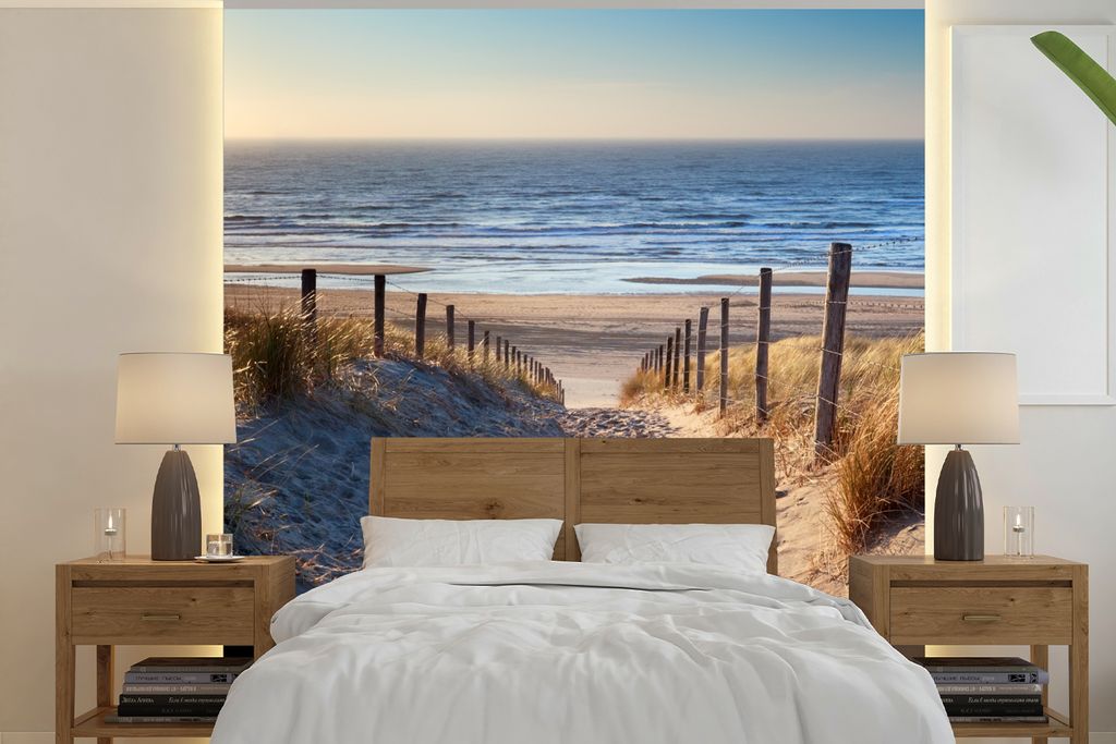 MuchoWow Fototapete für Wohnzimmer oder Schlafzimmer Wandtapete Vinyl Motivtapete Strand - Meer - Niederlande - Dünen - Sonne - 220x220 cm - Ta...