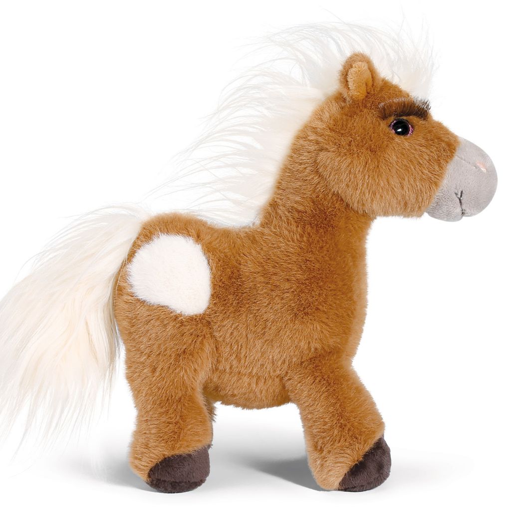 A plush toy horse on a white background.