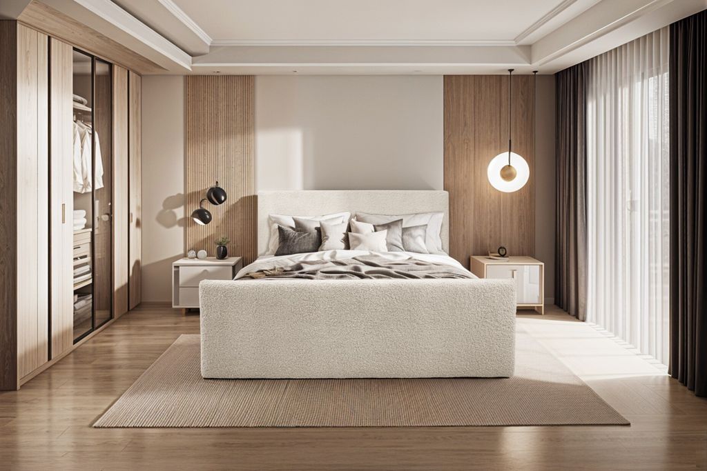 Kaiser Möbel Boxspringbett mit bettkasten und topper LAMM stoff Sven Hellbeige 140x200 cm H2-Pocket