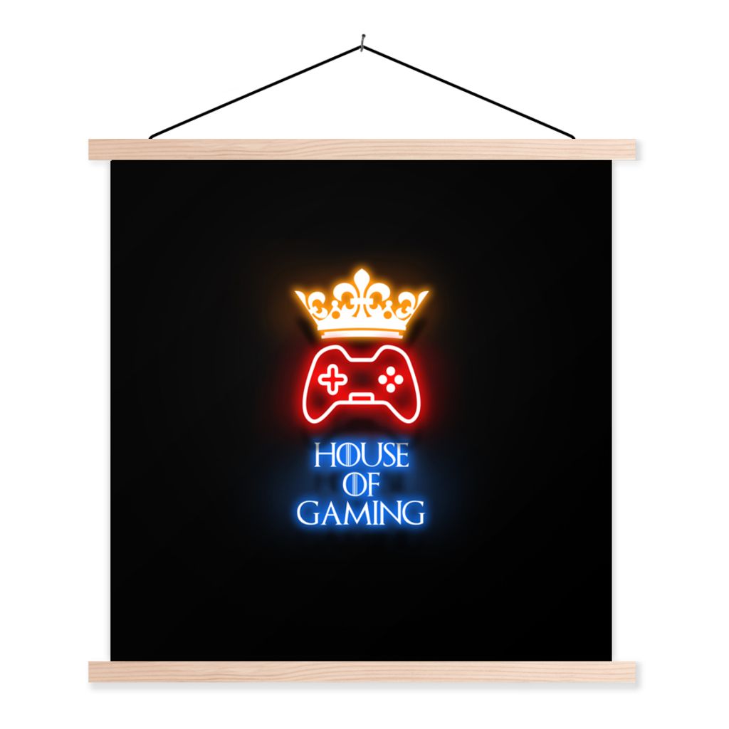 MuchoWow Textilposter Zitate von Spielen - Neon - Haus des Spiels - Krone - Text 40x40 cm mit holzfarbenen Rahmen - Posterleiste