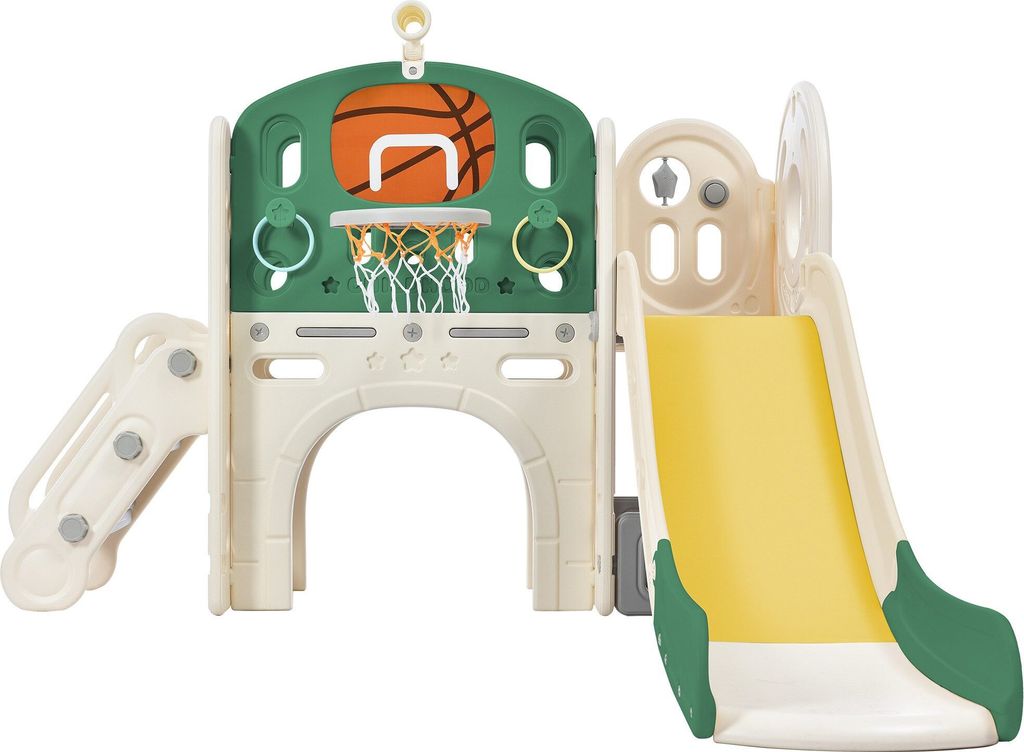 Kombi-Rutsche mit langer Rutsche Aufbewahrungsbox Tunnel Treppenleiter Basketballkorb und Durchgangsbereich Rutsche fuer Kleinkinder