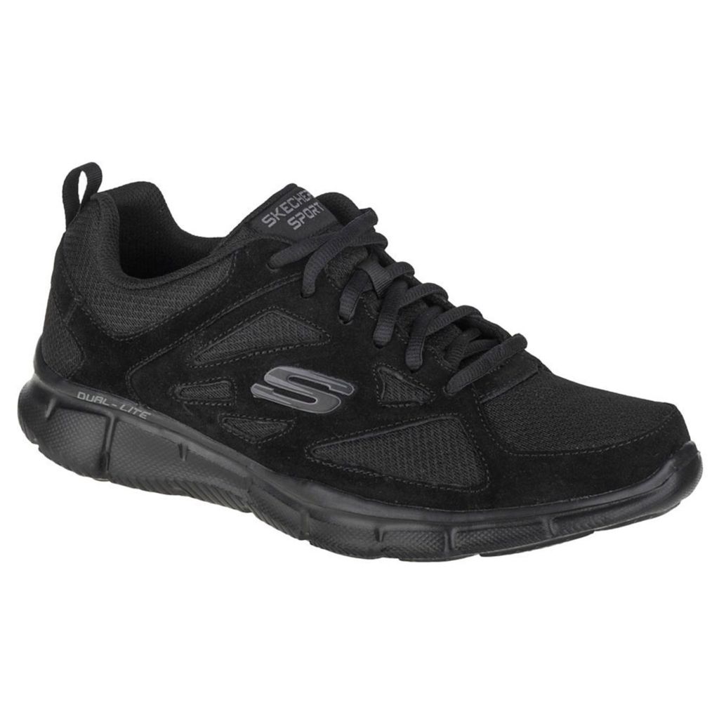 A black Skechers athletic shoe is shown from a side angle against a white background.