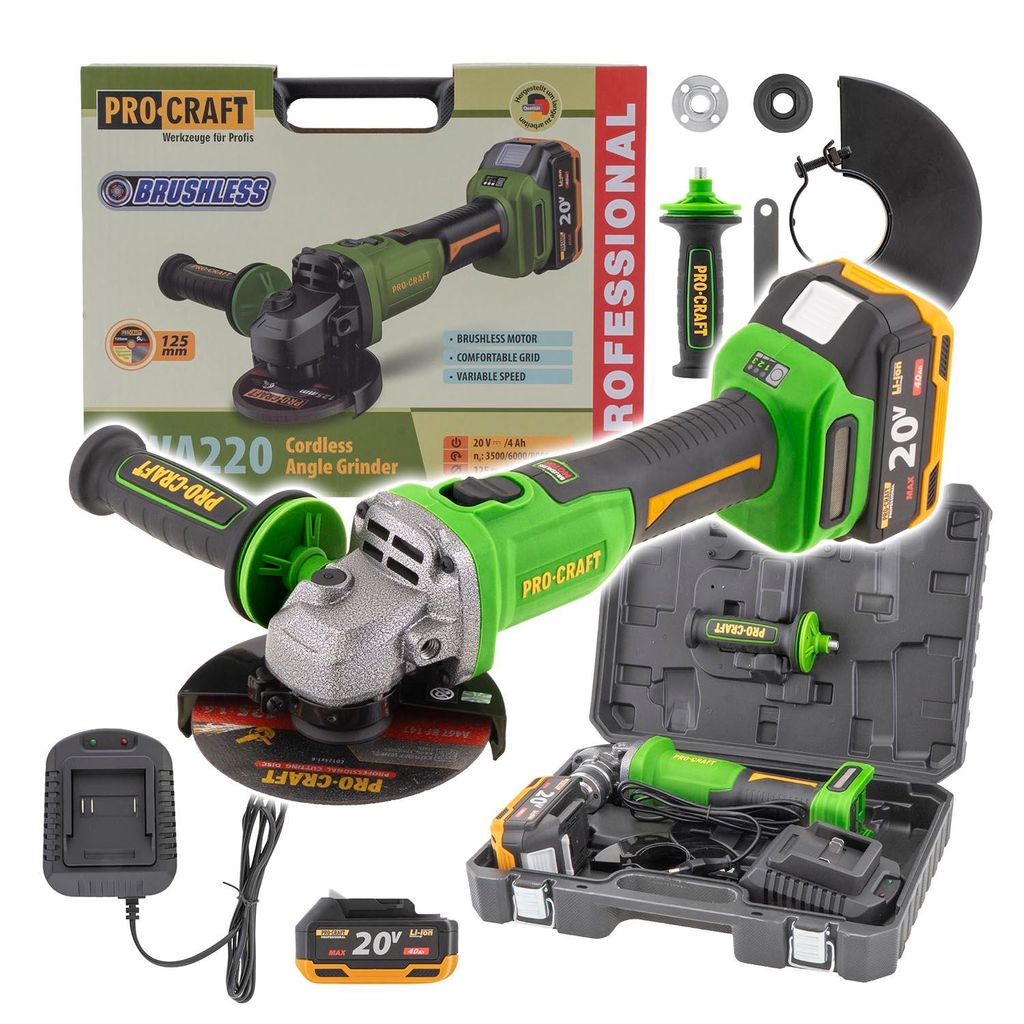 Procraft PWA220 Akku Winkelschleifer 20 V 125 mm Brushless + 1x Akku 4,0 Ah + Ladegerät + Koffer
