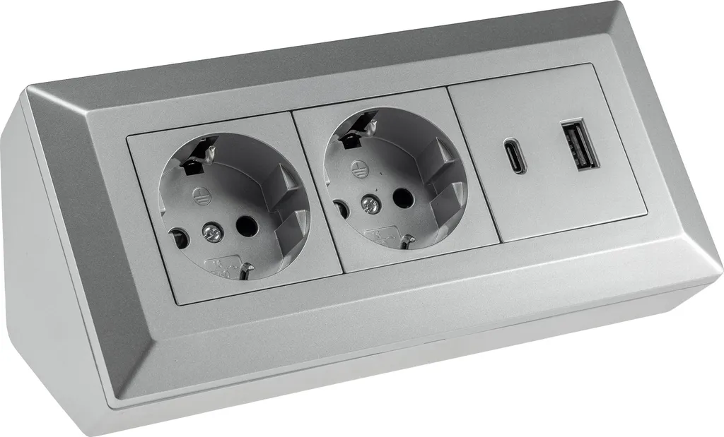 Multiprise double avec USB-C PD et USB-A argentée pour bureau moderne